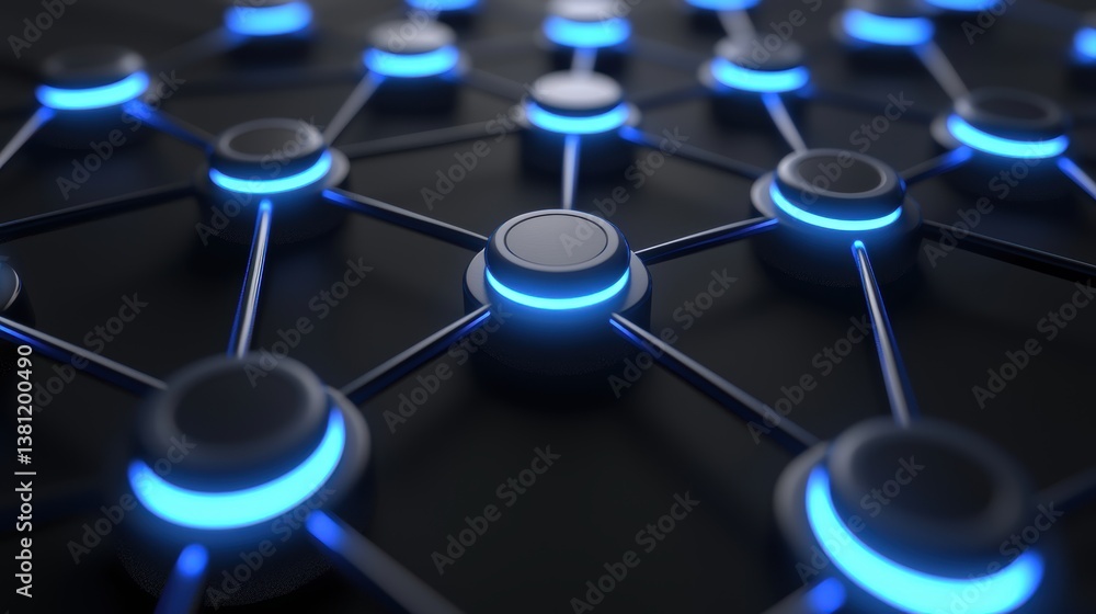 Poster a close-up view of a network of glowing nodes interconnected by lines, highlighting a futuristic and