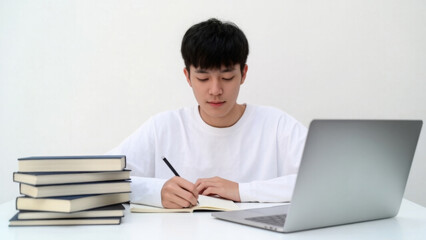 Student with a laptop and books