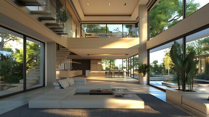 Open-Plan Living Room with Expansive Windows and Modern Interiors