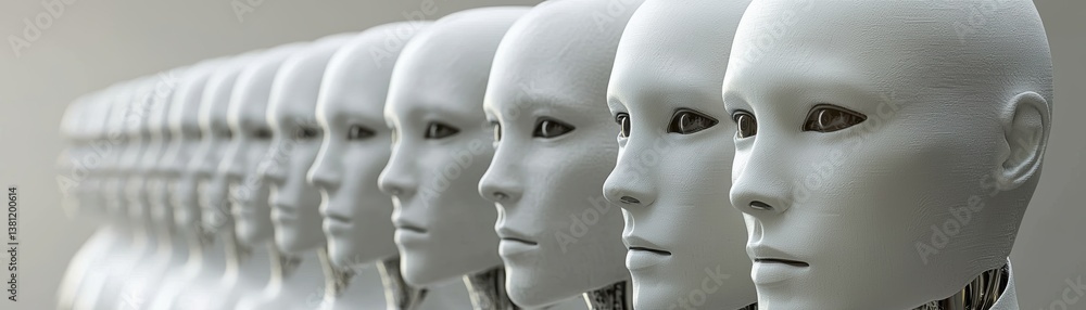 Poster a row of lifelike robotic heads, showcasing advanced design and technology, creates an intriguing an
