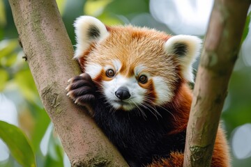Fototapeta premium Adorable red panda in tree with lush green background