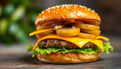Classic Cheeseburger with Pickles, Melted Cheese, and Crisp Lettuce on a Sesame Bun