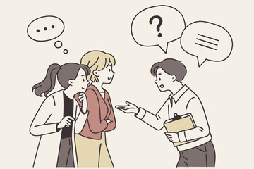 Ask questions for help or solution, confusion, doubt or query for answer and information, business discussion to solve problem concept, business people employee ask questions with question mark signs.