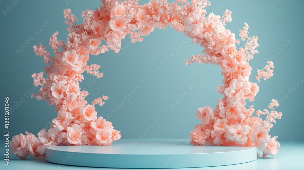 Poster A stunning display of soft pink flowers gracefully forms an arch, creating an enchanting backdrop