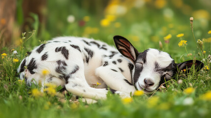 Obraz premium Cute black spotted baby goat, sleeping in a summer meadow with wild flowers, nature photography. Beautiful mockup or background for springtime, cute adorable goat.
