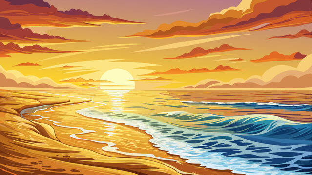 ocean waves rolling onto a sandy beach under a golden sunrise, sea landscape