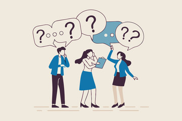 Ask questions for help or solution, confusion, doubt or query for answer and information, business discussion to solve problem concept, business people employee ask questions with question mark signs.