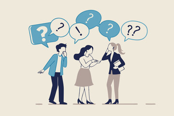 Ask questions for help or solution, confusion, doubt or query for answer and information, business discussion to solve problem concept, business people employee ask questions with question mark signs.