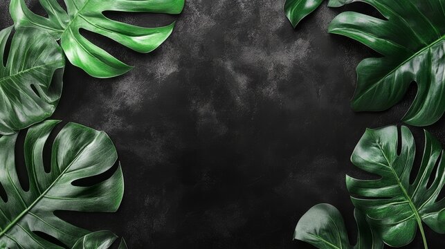 Green leaves encircle a blank black background, creating a space for customizable content that reflects the concept of eco-friendly design and nature-themed mockups