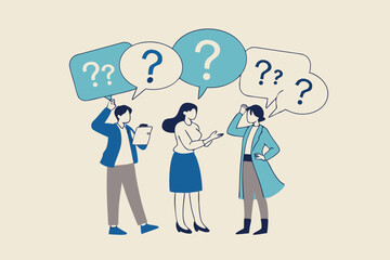 Ask questions for help or solution, confusion, doubt or query for answer and information, business discussion to solve problem concept, business people employee ask questions with question mark signs.