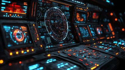 Naklejka premium Futuristic Spaceship Cockpit Interface: A High-Tech Digital Dashboard Display