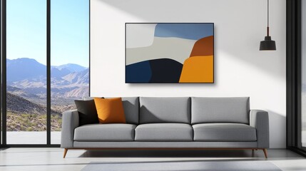 Modern living room featuring a gray sofa, abstract art, and mountain view through large windows