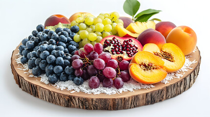 A stylish fruit display with blueberries, peaches, grapes, papaya, and pomegranate, arranged with coconut shavings on a rustic wooden platter.