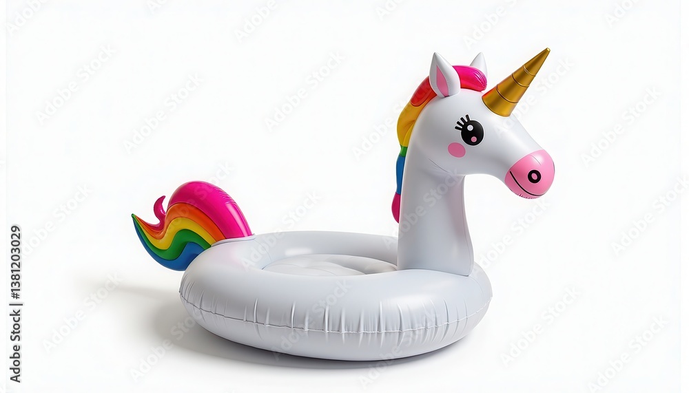Poster inflatable unicorn pool float with rainbow mane white background. a white inflatable unicorn float w