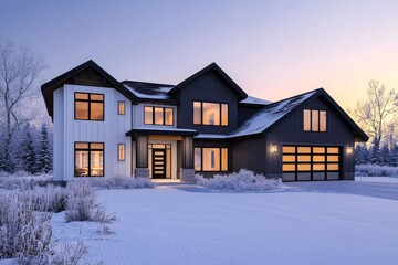 Modern farmhouse home in winter.  Exterior showcasing a two-toned design, large windows, and snow-covered landscape