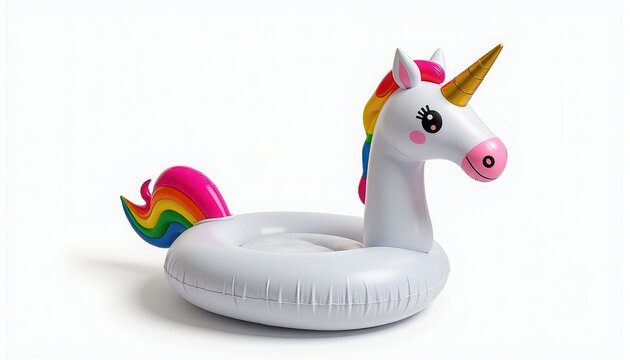 Inflatable Unicorn Pool Float with Rainbow Mane  White Background. A white inflatable unicorn float with a rainbow mane.