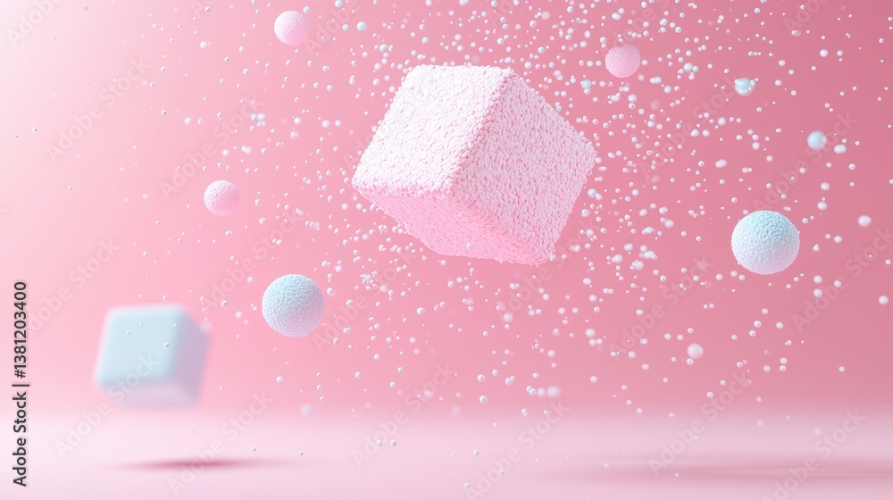 Poster playful 3d rendered playful objects bouncing in a soft pastel background.