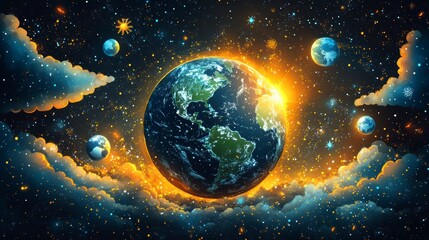 Earth glowing in starry space with clouds. Planets orbit; warm light beams