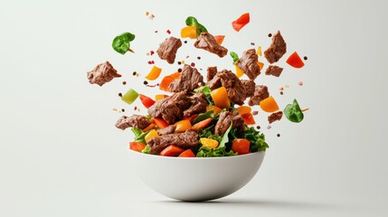 Fresh grilled beef shawarma salad bowl colorful ingredients culinary delight indoor setting high-quality photography