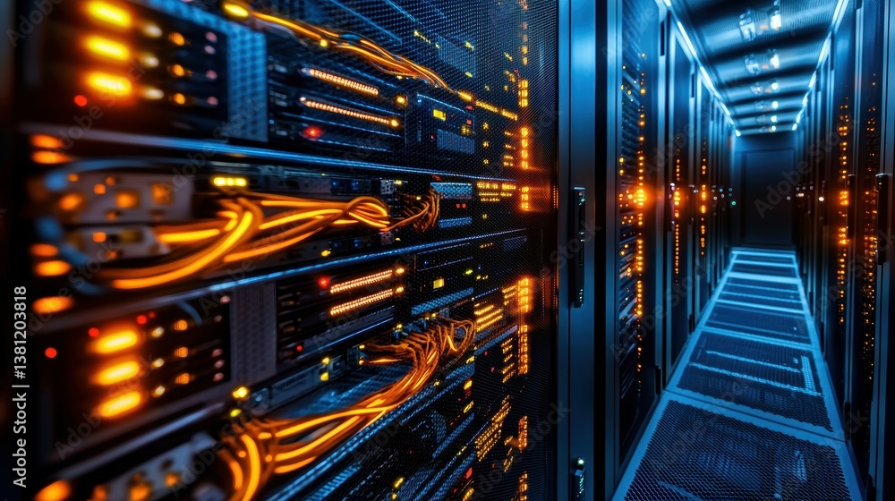 Poster futuristic server room with glowing cables high-tech data center digital infrastructure modern techn