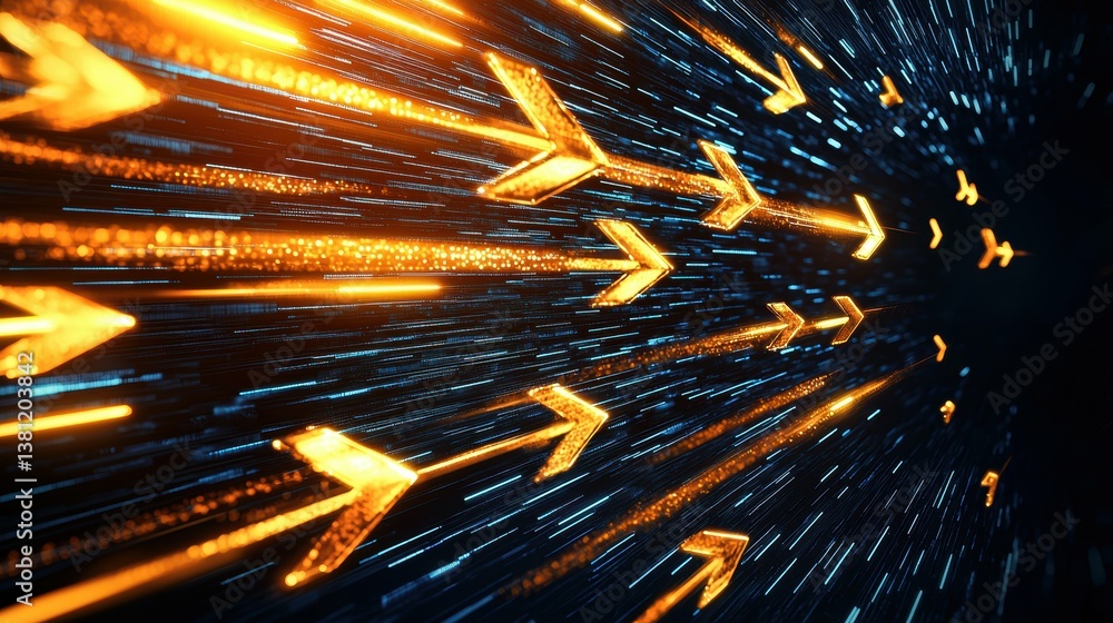Poster dynamic glowing arrows safeguarding data stream in cyber space digital artwork futuristic environmen