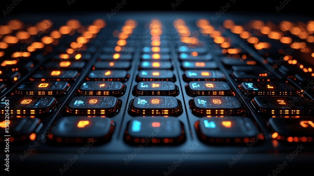 Poster futuristic illuminated keyboard: a close-up view of a sleek, high-tech keyboard with glowing keys