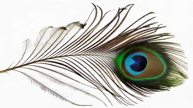 Iridescent peacock feather rotating, displaying shimmering color transitions and intricate surface details on clean white setting