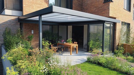 Obraz premium Modern patio with garden and dining area