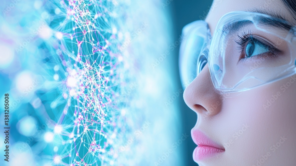 Poster analyzing scientist analyzing microscopic data through a high tech screen.