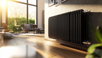 Modern black radiator in a bright living room
