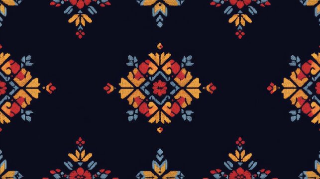 Seamless Kasturi embroidery pattern from India &ndash; traditional hand stitch needlework design with simple geometric motifs for fabric, wallpaper, tiles, and decorative backgrounds