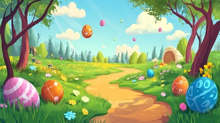 Fototapeta premium Colorful Easter Egg Hunt Path in Forest Meadow
