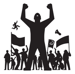 Silhouette of Protesters with picket signs hand-drawn line art style vector illustration.