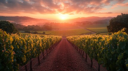 Fototapeta premium Vineyard rows extend to the horizon beneath a radiant sunset