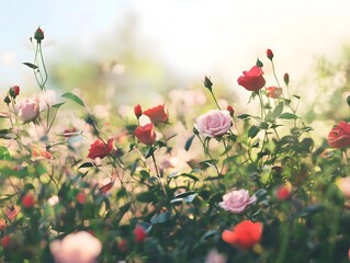 Colorful Blooming Rose Garden: Vibrant Floral Landscape with Soft Petals & Scented Spring Beauty