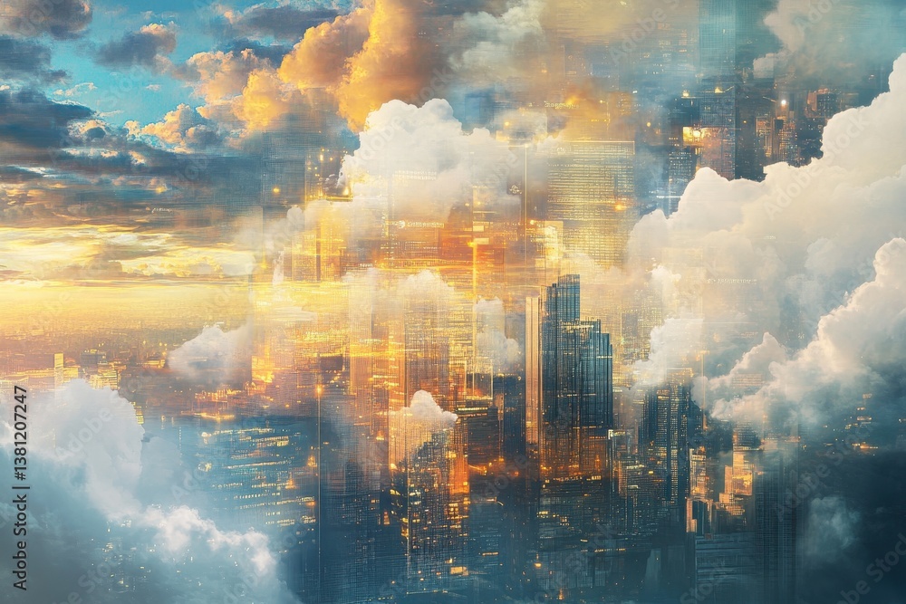 Poster cityscape merged with clouds in an abstract painting depict a seamless flow of information between d
