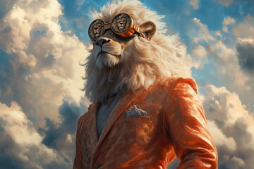 Zeus in Elegant Fluffy Silk Suit with Lion-Themed Goggles, Portrait of Power