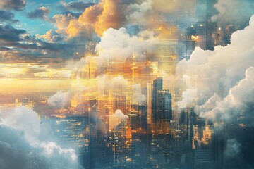 Fototapeta premium Cityscape merged with clouds in an abstract painting Depict a seamless flow of information between devices and services through ethereal cloudlike imagery .