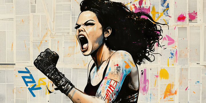 Woman screaming for rights equality, raised fist, rebel fighting spirit, urban street art graffiti