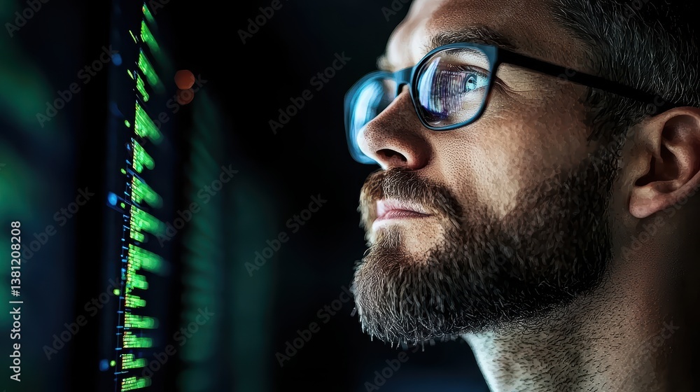 Poster solution it specialist solving a cybersecurity issue on a high tech computer interface.