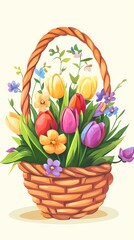 Colorful spring flowers in a woven basket