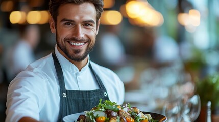 Smiling server presents a colorful salad in a restaurant setting, with blurred background
