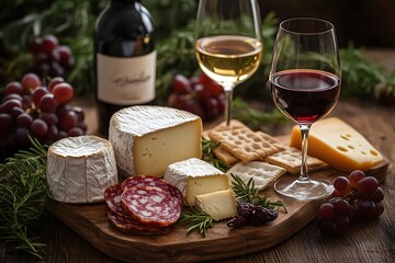 Cheese board paired with red and white wine creates a delightful tasting experience