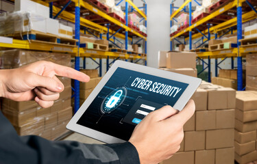 Cyber security system on computer screen protect private information snugly from hacker and cyber attack