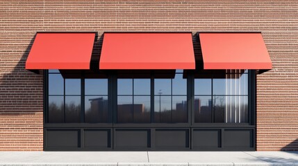 Modern Storefront with Red Awnings and Brick Wall