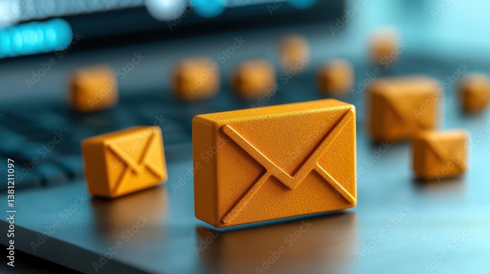 Poster a close-up shot shows a cluster of 3d-rendered orange envelope icons scattered across a blurred lapt