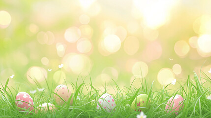 Fototapeta premium Ostereier im Frühlingsgras mit Bokeh und Blumen – stimmungsvolle Osterdekoration in der Natur. Generative AI KI