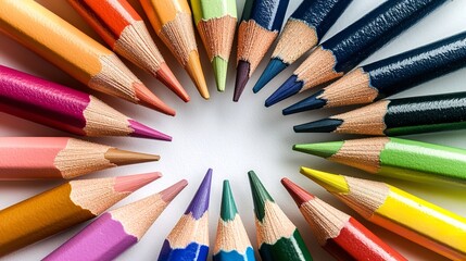 Fototapeta premium Colorful pencils arranged in circular pattern on white background
