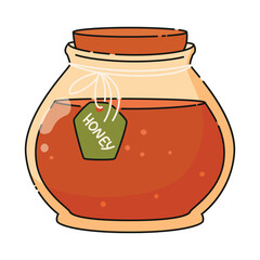 Jar with cork and label with honey dark orange natural sweetness. Beekeeping