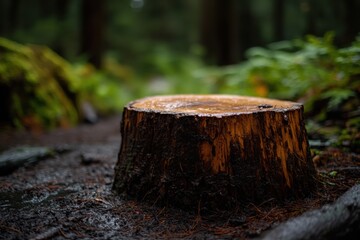 Fototapeta premium Rain-soaked tree stump in lush forest with dark green foliage and wet ground